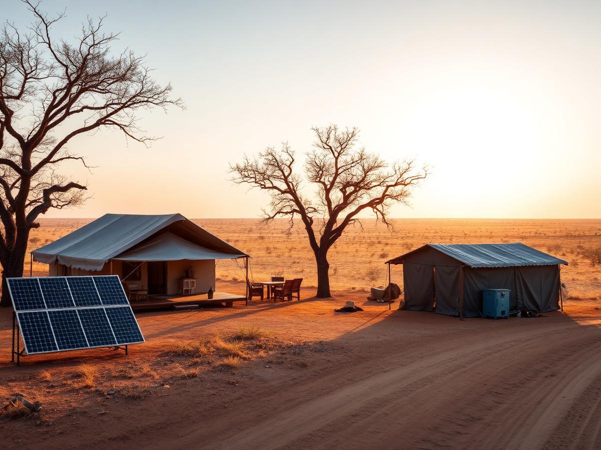 Remote off-grid tented safari camp with solar array